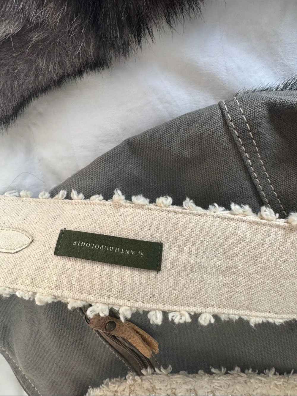 Myra Bag Gray Pattern Canvas Hobo with Tan Leather Trim and Dark Fur Base